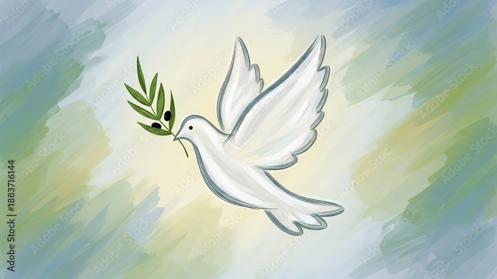 Obraz premium White Dove with Olive Branch - Symbol of Peace and Hope, Artistic Illustration