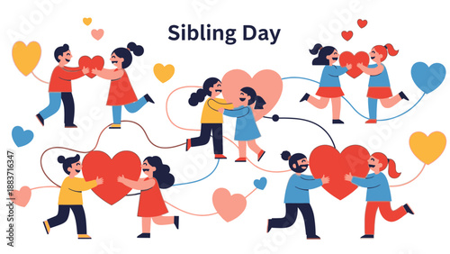 Children playing together on Sibling Day with hearts and balloons in a joyful atmosphere