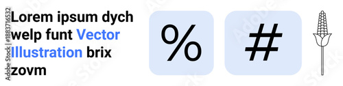 Percentage and hash symbols in square frames with corn outline and placeholder text. Ideal for branding, digital design, iconography, agriculture, mathematics, typography, simple landing page