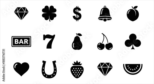 Diverse collection of casino and slot machine game icons, featuring luck and winning symbols for digital projects