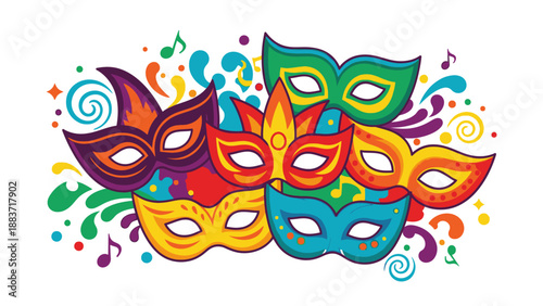 Vibrant masks and musical notes surround a colorful assortment of masks in a lively illustration