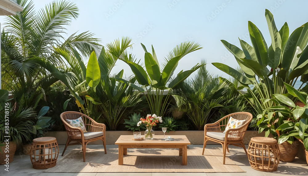 Fototapeta premium terrace table and chairs with tropical plant garden