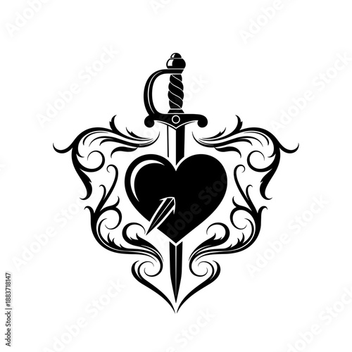 Black and white illustration of a heart pierced by a dagger surrounded by ornate filigree.