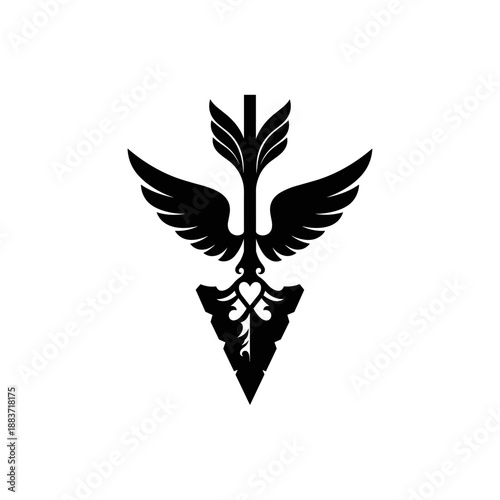 Black Arrowhead with Wings and Feathers.