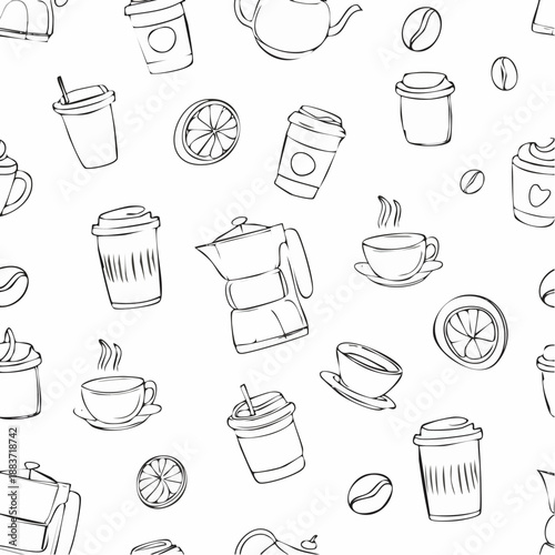 Coffee and Tea Seamless Pattern with Cups Beans and Citrus.