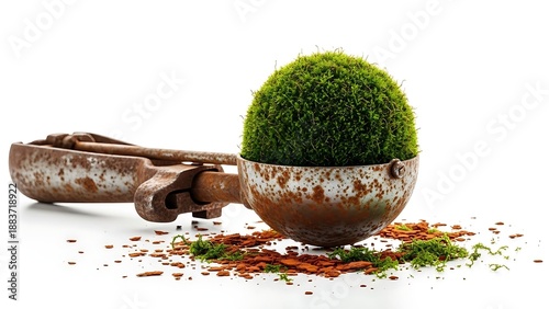 Conceptual art of an old rusty metal ice cream scoop holding a perfect sphere of green moss, representing inedible nature.