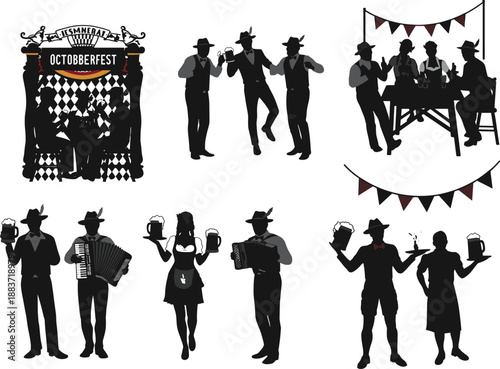 Oktoberfest Silhouette Vector Collection Featuring Bavarian Beer Drinkers Musicians Dancers Traditional Costumes Festive Celebration Scene