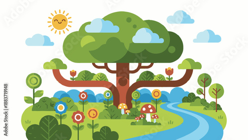 A serene landscape with a winding river, trees, and flowers, depicted in a vibrant cartoon illustration.