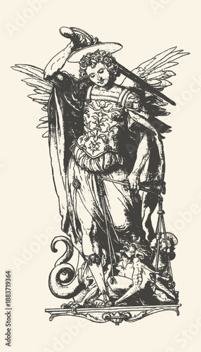 Archangel Saint Michael Defeating the Devil with Sword and Scales, Vintage Woodcut Style Illustration of the Biblical Guardian Angel Overcoming Evil in Black and White Line Art