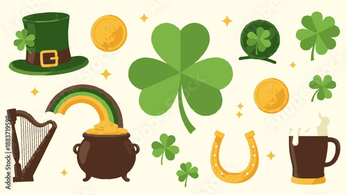 Vibrant St. Patrick's Day celebration elements, including shamrocks, coins, and festive illustrations, arranged in a lively composition