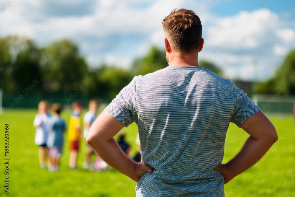Fototapeta premium Coach Observing Young Athletes During Sports Practice on a Bright Day