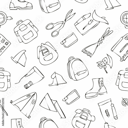 Handdrawn seamless pattern with travel and camping equipment icons.
