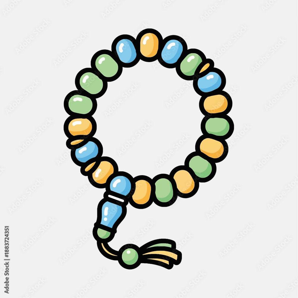 Obraz premium A colorful Islamic prayer beads or tasbih with a tassel, isolated on a white background.