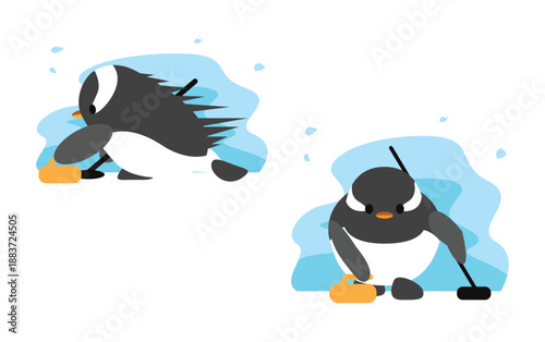 Curling Penguin Cartoon Character Winter Sport Set