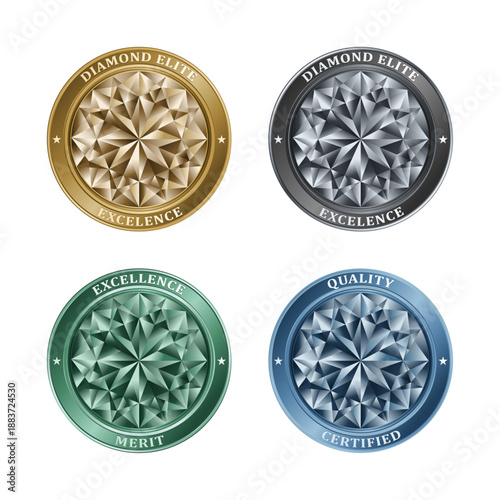 Premium Diamond Badge Emblems Set. Luxury, Trust, Merit and Official Vector Seals.