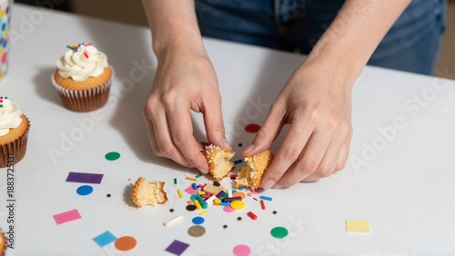 Hands breaking apart a small dessert surrounded by colorful confetti and sprinkles