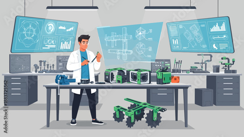 Engineer designing robotic agricultural equipment in workshop