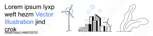Renewable energy, environmental sustainability, urban development, green technology, ecological balance, natural resources. Wind turbines, cityscape and nature abstract. Renewable energy