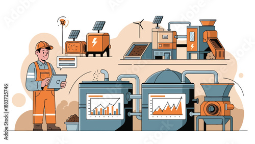 Industrial worker monitoring factory machinery with tablet