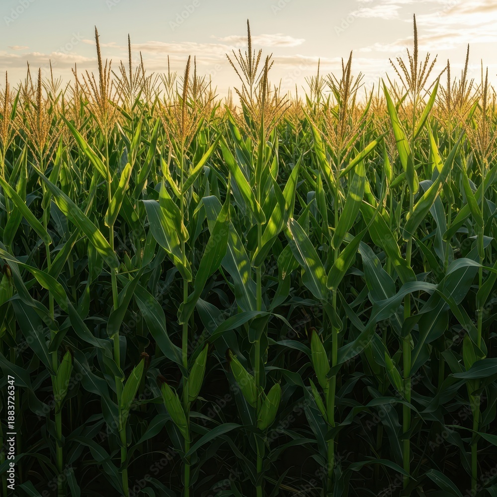Obraz premium Golden sunlight illuminates dense green rows of tall maize plants reaching toward the warm summer sky, symbolizing growth and harvest time, green, warm, farmland
