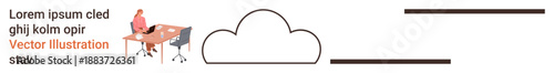 Cloud technology, remote work, data storage, online communication, digital connectivity, business workflow. Person sitting at desk with laptop next to cloud icon. Cloud technology and remote work