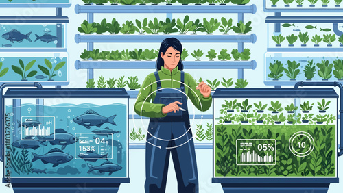 Woman monitoring hydroponic farm and aquarium systems