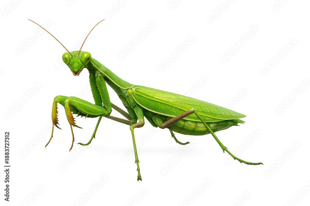 Fototapeta premium Praying mantis closeup, a green insect predator with unique front legs and antennae, isolated on transparent background
