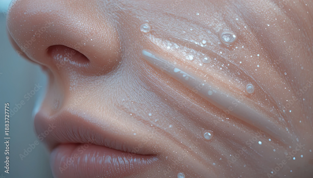 Fototapeta premium Extreme captures skin texture overlaid with shimmering cosmetic product and moisture droplets.