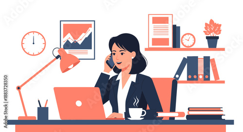 Businesswoman Working At Office Desk With Laptop.