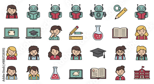 Colorful Education Icon Set Featuring Students.