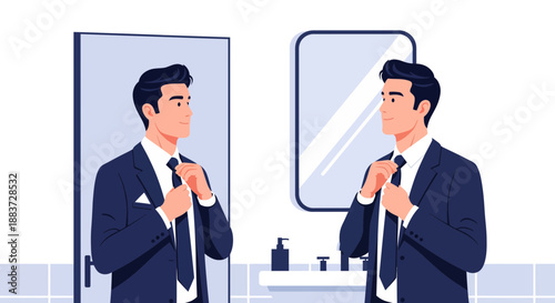Man adjusting his tie in front of mirror.