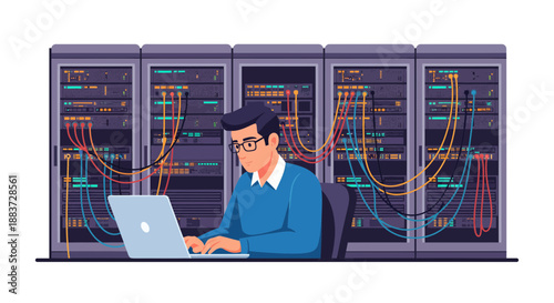 Man Working On Laptop In Server Room.