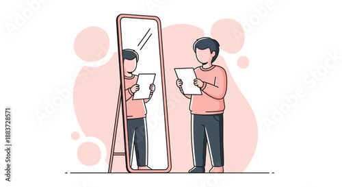 Person Practicing Presentation Reading Script In Mirror.