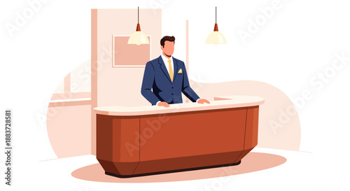Professional businessman standing behind reception desk.