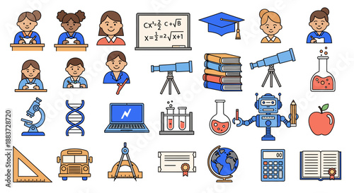 Set of education and science icons with children and objects.
