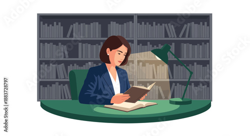 Woman Reading Book at Library Desk with Lamp.