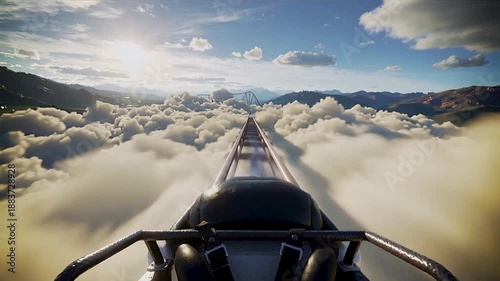 POV of a high-speed roller coaster track plunging through thick white clouds over mountains under a blue sky. Epic cinematic amusement park thrill.