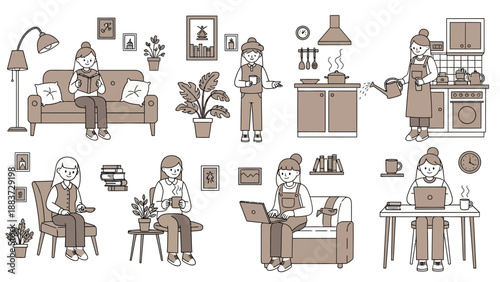 Collection of women engaging in various indoor activities at home.