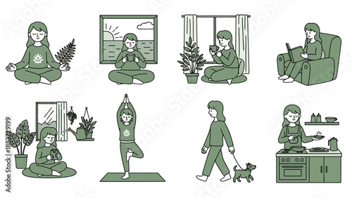 Collection of women engaging in various relaxing and mindful activities at home.