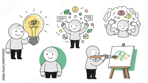 Creative cartoon characters illustrating ideas and artistic endeavors.