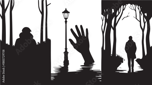 Multiple Silhouettes and Surreal Hand with Mysterious and Melancholic Mood in High Contrast Black and White Graphic Vector Illustration for Emotional Storytelling and Conceptual Themes.