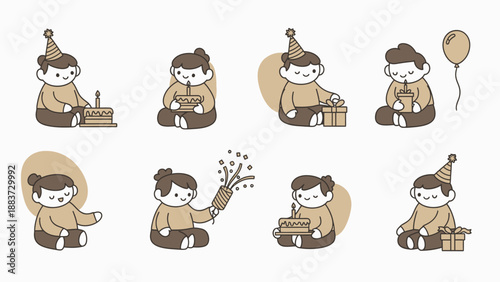 Cute Cartoon Characters Celebrating Birthday with Gifts and Cake.