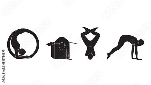 Dynamic yoga poses silhouettes in a minimalist black and white vector illustration for fitness and wellness design.
