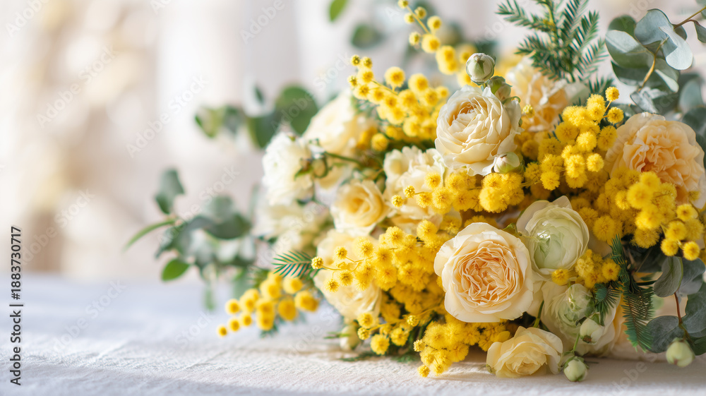 Naklejka premium 明るいイエローフラワー背景素材｜ナチュラルで広告向きの春イメージ ミモザ＆スプレーローズ