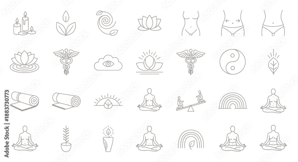 Fototapeta premium Set of minimalist wellness and meditation line icons with lotus and yoga poses.