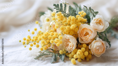 明るいイエローフラワー背景素材｜ナチュラルで広告向きの春イメージ ミモザ＆スプレーローズ