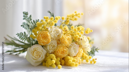 明るいイエローフラワー背景素材｜ナチュラルで広告向きの春イメージ ミモザ＆スプレーローズ