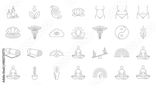 Set of minimalist wellness and meditation line icons with lotus and yoga poses.