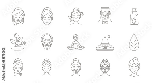Set of minimalist line icons representing skincare and wellness routines.