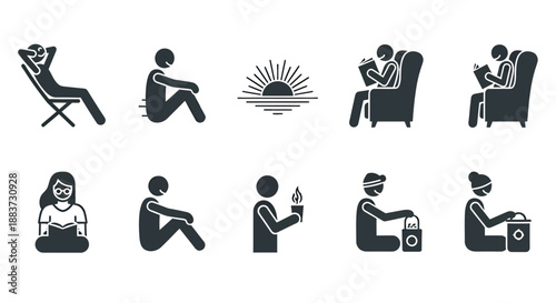 Set of black silhouette icons representing various states of mind and relaxation activities.